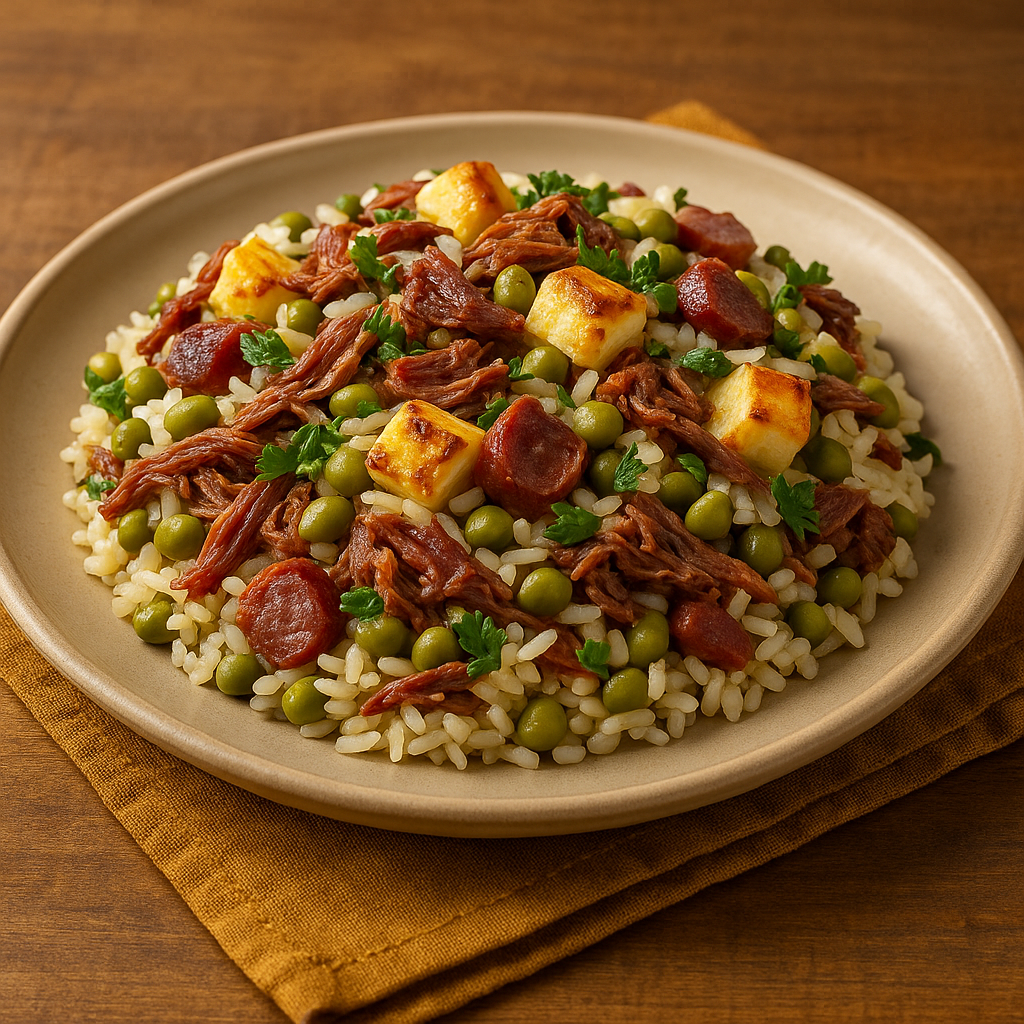 Baião de Dois Tradicional com Carne-Seca e Queijo Coalho