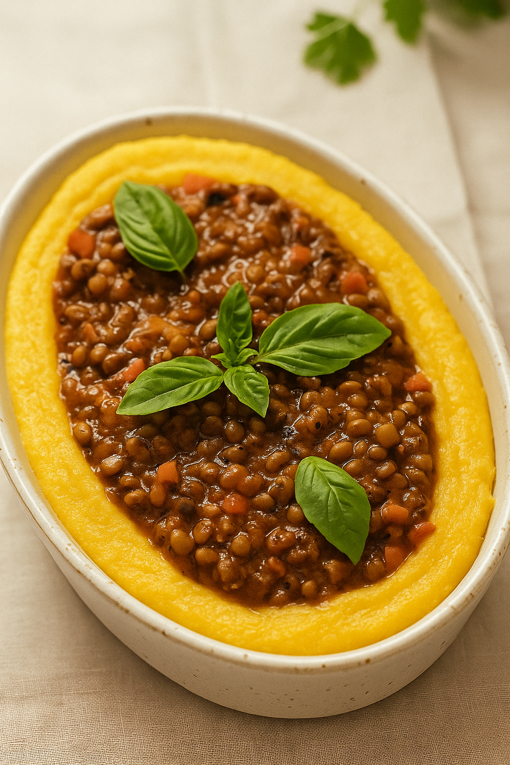 Escondidinho de lentilha e polenta com abóbora