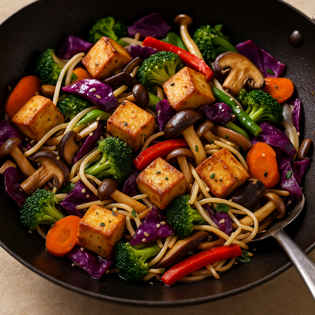 Tofu Salteado com Cogumelos e Vegetais